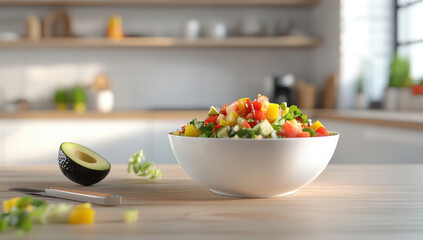 Wall Mural - Fresh vegetable salad in a white bowl on a wooden kitchen table with sliced avocado and bright natural light