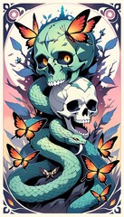 A green snake wraps around two skulls with orange butterflies flying around.