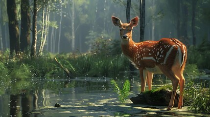 Sticker - A serene deer stands by a tranquil pond in a lush forest setting.