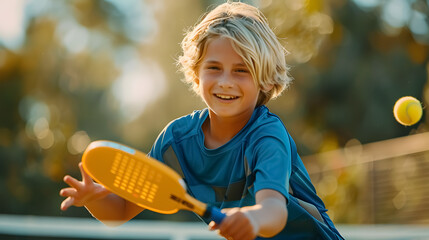 Wall Mural - Happy blonde boy playing pickleball, hitting the yellow ball with a paddle, in an outdoor sport 