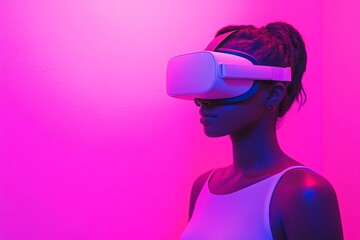 Sticker - Woman in a neon lit environment wearing a VR headset capturing the vibrant and immersive experience of digital reality in a modern high tech world