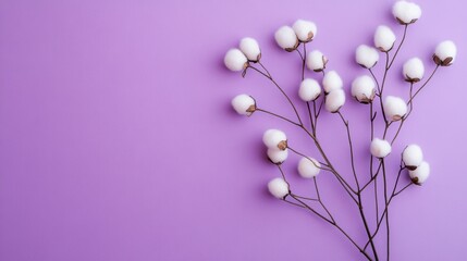 Wall Mural - delicate cotton branches showcase their fluffy blooms against a soothing lavender backdrop, creating