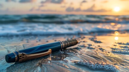 Sticker - A pen resting on the beach shore with waves and sunset in the background.