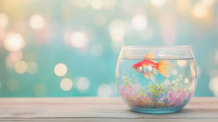 A vibrant fish bowl rests on a wooden table, showcasing a goldfish swimming amidst colorful aquatic plants in gentle light