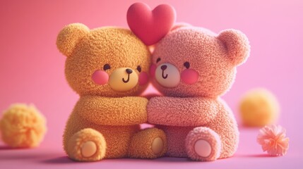 two teddy bears are hugging each other on a pink background