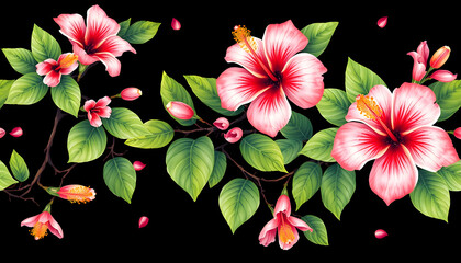 Wall Mural - Seamless pattern with tropical branches and hibiscus flowers on black background. Watercolor illustration isolated with white highlights, png