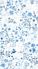 Wall Mural - Aesthetic modern pattern with small boho flowers, white and pastel blue colors, invitation template. Generative AI