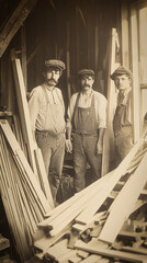 Wall Mural - Vintage sepia image of workers in an old woodshop