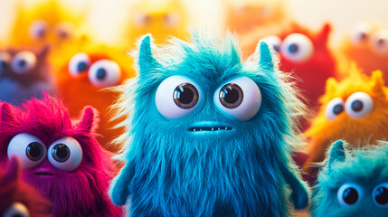 Wall Mural - Cute little colorful fluffy monsters