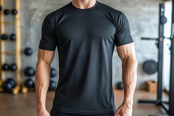 a man in a black t - shirt standing in a gym