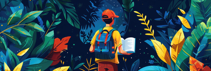 A child dressed in casual attire gazes at the night sky, surrounded by colorful foliage while holding an open book, immersed in wonder