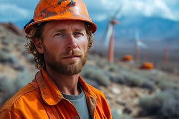 an engineer in front of a windmill park