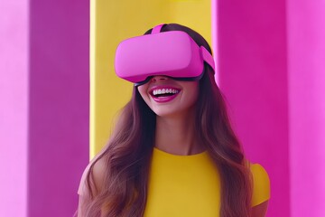 Young woman in a VR headset with vibrant lighting smiling symbolizing the joyful and immersive nature of modern technology in a colorful digital world