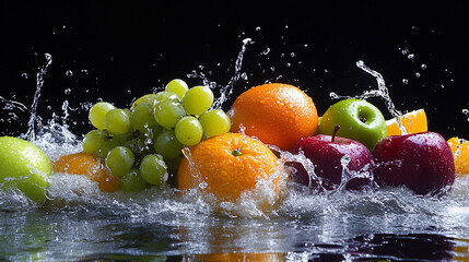 Wall Mural - Colourful Fruits in Motion with splash of water and dark background