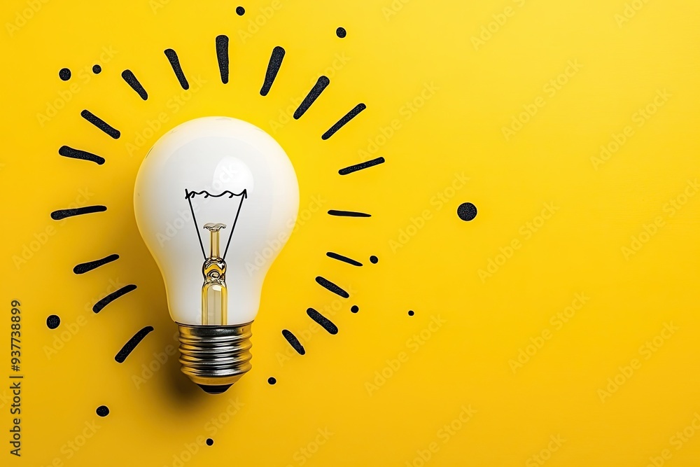 White light bulb on a yellow background with a simple doodle, conveying ...