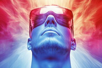 Sticker - Abstract glowing portrait of a man in futuristic goggles surrounded by radiant colorful light symbolizing the intersection of human experience and advanced digital technology