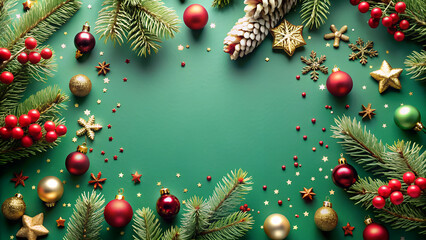 Sticker - Christmas background with fir branches and ornaments.
