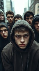 Serious young men in hoodies stand together in city streets, staring intensely with a sense of danger and rebellion, showcasing attitude and masculinity. Urban lifestyle with dark, moody intensity