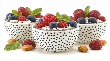 Chia seed bowls topped with fresh raspberries, blueberries, and mint on a white background