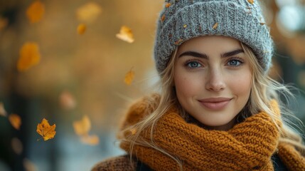 Canvas Print - Beautiful young woman is smiling with falling autumn leaves in the background. She is wearing a warm woolen hat and scarf