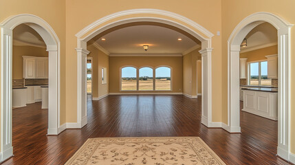 Open concept living space with large windows and wooden flooring in a new home