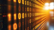 © JVLMediaUHD - Abstract representation of digital data flowing through a network with glowing binary code in warm tones