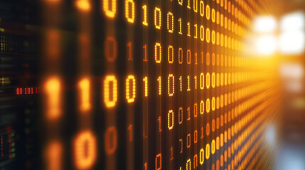 abstract representation of digital data flowing through a network with glowing binary code in warm t