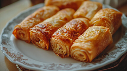 Freshly baked pastry rolls displayed on an elegant plate, showcasing layers and golden brown crust in a cozy kitchen setting