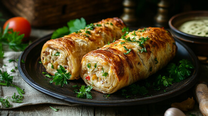 Delicious golden-brown pastry rolls filled with savory ingredients, garnished with fresh herbs on a rustic table