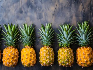 Wall Mural - Fresh pineapples arranged neatly against a textured background creating a vibrant still life during daylight hours