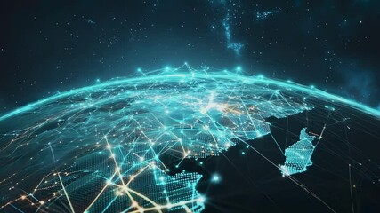 Animated video of digital network connections over illuminated earth surface with starry background. Ideal for global technology, communication, and internet concept visualizations