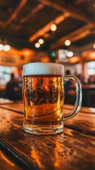 Canvas Print - Refreshing glass of beer with condensation sits on a rustic wooden table, with the warm glow of a busy pub creating a cozy atmosphere