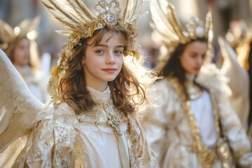 Girl wearing an ornate angel costume with golden details during Ognissanti parade in Italy.