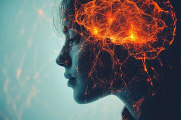 Sticker - Vivid Illustration of a Woman’s Side Profile with Fiery Orange Neural Network Highlighting the Intensity of Thought Mental Power and High Tech Cognitive Processing