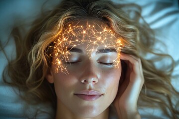 Wall Mural - Contemplative Woman Resting in a Tranquil Setting Her Face Illuminated by Glowing Neural Networks Symbolizing Inner Reflection Peaceful Mindset and Cognitive Clarity