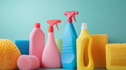 Colorful Cleaning Supplies on a Turquoise Background