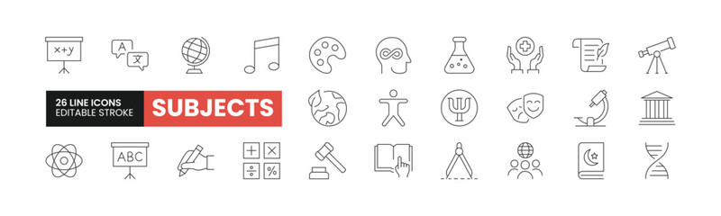 Set of 26 School Subjects line icons set. School Subjects outline icons with editable stroke collection. Includes Mathematics, English, Music, Chemistry, Culture, and More.