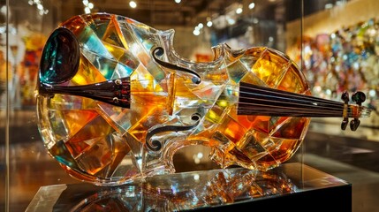 Wall Mural - A stunning crystal violin captures the light in a vibrant array of colors. This artistic piece is a blend of beauty and craftsmanship, showcasing unique design and elegance. AI