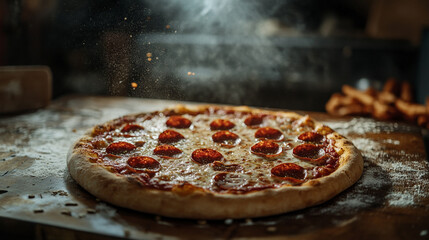 Freshly baked pepperoni pizza on a wooden table in a bustling kitchen with flour dust in the air during a busy dinner service