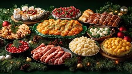 Festive Christmas Dinner Table with Delicious Food on Green Background