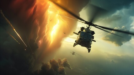 A military helicopter flies through dark storm clouds illuminated by lightning and a fiery sunset, showcasing the intensity of the aerial operation in a challenging environment