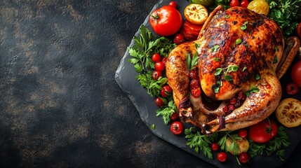 A fresh juicy turkey on the table, surrounded by vegetables and cooking utensils on a wooden background. used for a restaurant menu or a Christmas or Thanksgiving festive dish