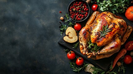 A fresh juicy turkey on the table, surrounded by vegetables and cooking utensils on a wooden background. used for a restaurant menu or a Christmas or Thanksgiving festive dish