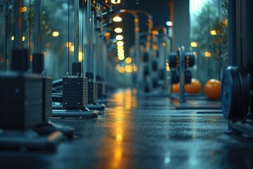 Different sport equipment in modern gym closeup