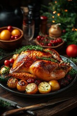 Wall Mural - A fresh juicy turkey on the table, surrounded by vegetables and cooking utensils on a wooden background. used for a restaurant menu or a Christmas or Thanksgiving festive dish