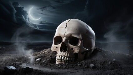 Dark atmospheric artwork of a large human skull in a rocky landscape, misty environment, crescent moon, cloudy night sky, eerie and haunting, generative ai