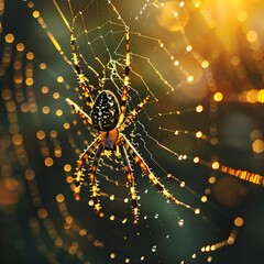 Wall Mural - Intricately Woven Spider Web Sparkling in the Ambient Light Insect Concept with Copy Space