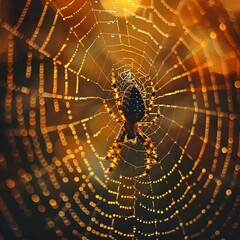 Wall Mural - Captivating Spider Web Sparkling in the Ethereal Light Delicate Strands Forming Intricate Pattern