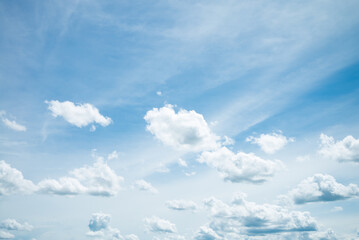 Smooth white cloudy on blue sky background and copy space in sunny day. Outdoor nature, save environmental and cloudscape concept.