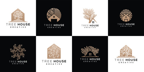 Wall Mural - tree house nature logo design template collection, set of tree icons with house concept.